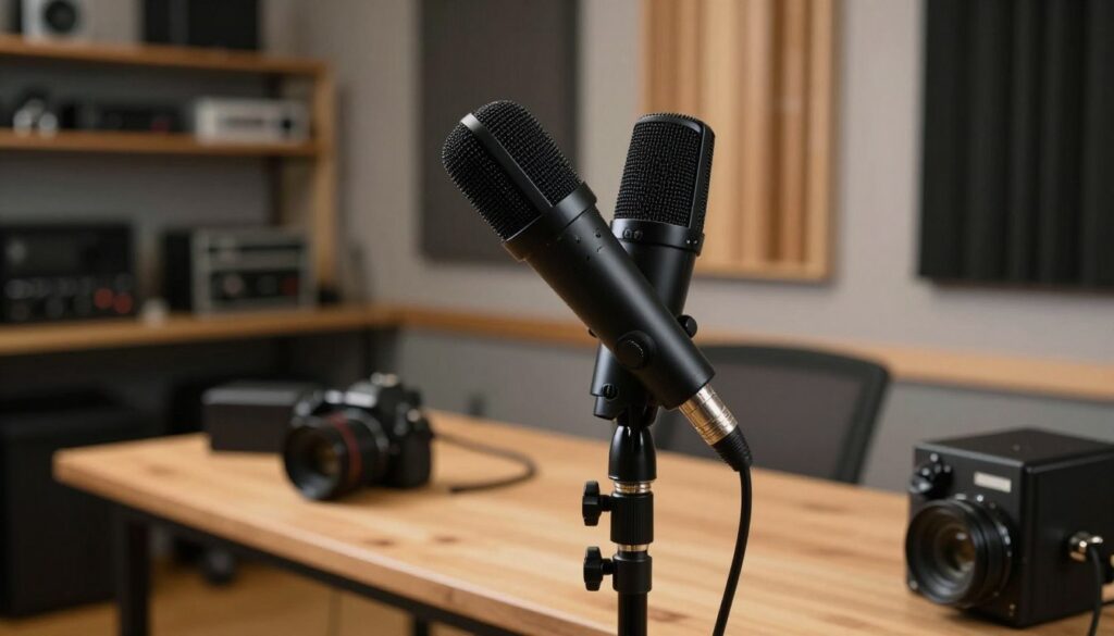 A budget-friendly shotgun microphone prominently displayed in the foreground, showcasing its sleek black design and rugged build quality. The microphone is angled slightly to highlight its directional pickup pattern and fine mesh windscreen. In the middle ground, a simple wooden table holds various filming equipment such as a camera and a light setup, hinting at a creative workspace. The background is softly blurred, featuring shelves filled with audio equipment and acoustic panels, creating an atmosphere of a professional recording studio. Soft, natural lighting illuminates the scene, casting gentle shadows, and creating a warm, inviting mood for aspiring content creators. The composition should convey a sense of reliability and accessibility, appealing to budget-conscious creators. A budget-friendly shotgun microphone prominently displayed in the foreground, showcasing its sleek black design and rugged build quality. The microphone is angled slightly to highlight its directional pickup pattern and fine mesh windscreen. In the middle ground, a simple wooden table holds various filming equipment such as a camera and a light setup, hinting at a creative workspace. The background is softly blurred, featuring shelves filled with audio equipment and acoustic panels, creating an atmosphere of a professional recording studio. Soft, natural lighting illuminates the scene, casting gentle shadows, and creating a warm, inviting mood for aspiring content creators. The composition should convey a sense of reliability and accessibility, appealing to budget-conscious creators.