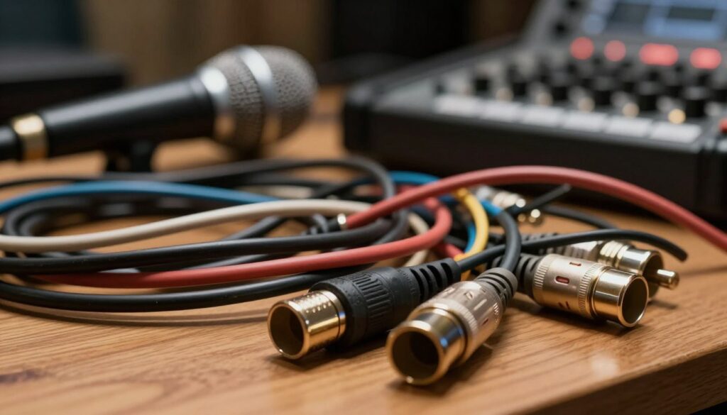 A close-up image of microphone cables intricately arranged on a wooden surface, showcasing various types such as XLR and TRS. In the foreground, focus on a well-worn XLR cable with its metallic connectors glinting under soft, diffused lighting. The middle layer features a tangle of different cable lengths and colors, providing visual contrast. In the background, slightly blurred out, is a professional audio recording setup, including a shotgun mic and sound mixer, establishing context. The lighting is warm and inviting, creating an atmosphere of professionalism and attention to detail, ideal for a technical article. Capture the textures of the cables, emphasizing their flexibility and durability, while avoiding any distracting elements.