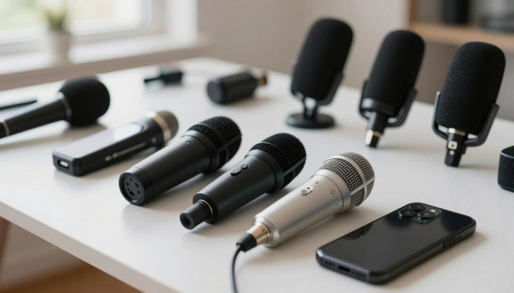 A close-up image showcasing a variety of shotgun microphones arranged on a sleek, modern table. In the foreground, highlight three top-performing shotgun microphones, each with distinct features — a matte black microphone with a foam windscreen, a silver metallic one with adjustable settings, and a compact portable model designed for smartphones. The middle ground displays a blurred backdrop of various accessories like windshields and microphone mounts, creating a sense of depth. Soft, diffused natural light illuminates the scene from a nearby window, enhancing the professional quality of the microphones. The atmosphere conveys inspiration and creativity, ideal for modern content creators and vloggers, presenting a informative visual comparison of these audio tools without any distractions or text.