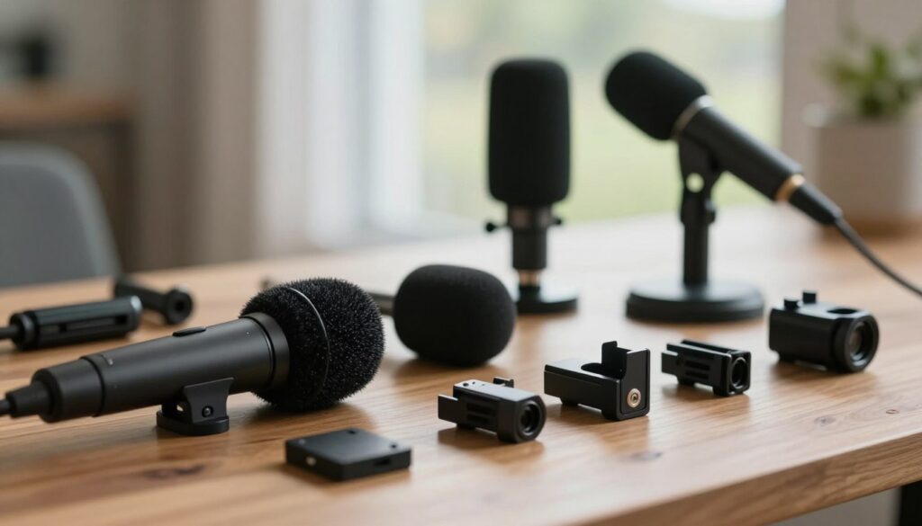 A close-up shot of various windshield windscreen microphone accessories arranged aesthetically on a wooden desk. In the foreground, display a high-quality shotgun microphone with a fuzzy windscreen, alongside a small selection of clips and mounts. The middle ground features additional accessories, such as a foam windscreen and a portable microphone stand, emphasizing their utility for mobile vlogging. In the background, a softly blurred outdoor scene with natural light filters through a window, enhancing the ambiance. Use soft, diffused lighting to create an inviting and professional atmosphere, focusing on the textures of the microphone materials. The angle should be slightly above eye level, capturing the accessories in a way that highlights their importance and functionality.