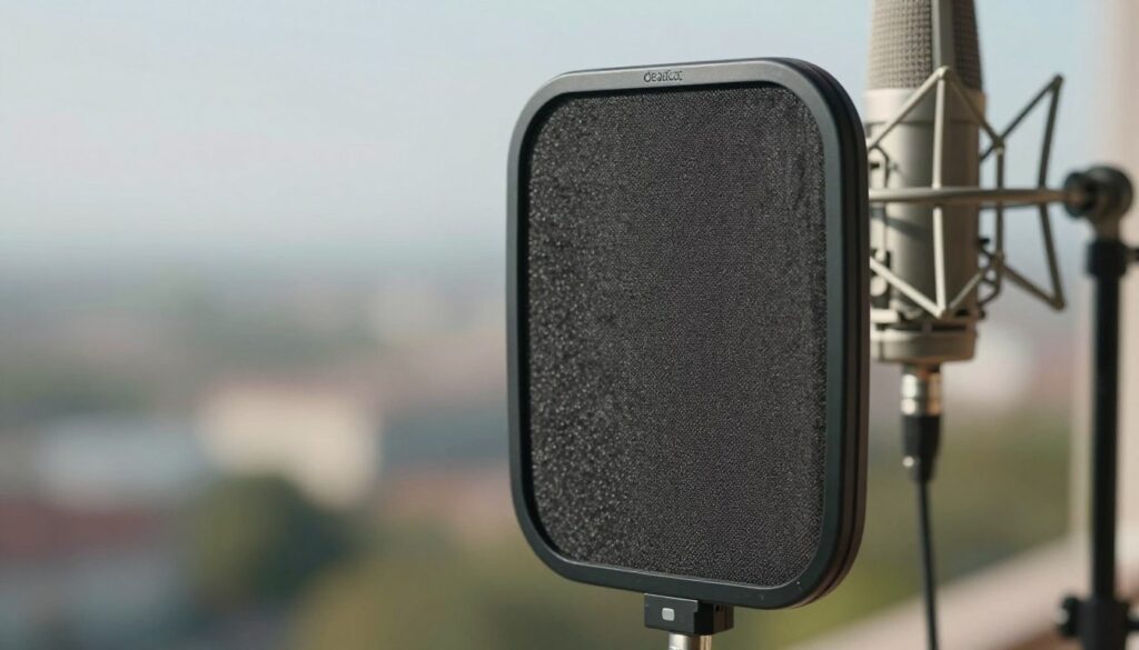 A close-up view of a high-quality deadcat windscreen designed for audio recording equipment, prominently positioned in the foreground. The deadcat windscreen is fluffy and textured, showcasing its ability to provide wind protection. In the middle ground, a professional microphone setup is partially visible, demonstrating its use with the deadcat attached. The background features a soft-focus outdoor scene, possibly a scenic landscape or cityscape, hinting at windy conditions. The lighting is bright and natural, casting gentle shadows to emphasize the texture of the deadcat. The overall atmosphere is professional and informative, illustrating key audio equipment used in various environments without distractions or clutter.