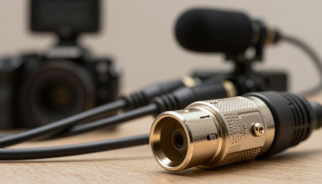 A close-up view of a managing connections XLR adapter connector, intricately detailed to showcase its metallic shine and robust construction. The foreground features the XLR connector, emphasizing its pins and locking mechanism. In the middle ground, an assortment of audio cables intertwines to illustrate versatility, while a camera with a mounted shotgun mic is subtly positioned, suggesting the connection's purpose. The background is softly blurred, featuring a neutral color palette that enhances the professional atmosphere. Warm, focused lighting highlights the textures and metallic finishes of the connectors, creating an engaging and informative visual. The overall mood conveys a sense of connectivity and professionalism, ideal for understanding audio equipment interfaces.