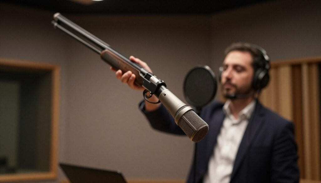 A close-up view of a shotgun microphone mounted on a boom pole in a professional audio recording setting. In the foreground, the microphone is sharply in focus, showcasing its elongated shape, windscreen, and intricate details like the mesh grille. In the middle ground, a sound technician can be seen adjusting the boom pole, dressed in professional business attire, exuding concentration. The background features a soft-focus studio environment with acoustic panels, soundproofing materials, and dimmed, warm lighting that creates an intimate atmosphere ideal for capturing natural voice frequencies. The camera angle is slightly tilted upwards to emphasize the microphone's position, highlighting the essential mounting techniques in professional audio recording.