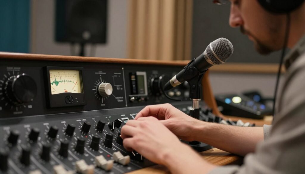 A close-up view of a sound engineer adjusting the gain on an on-camera microphone, set in a well-lit studio environment. In the foreground, the engineer is focused, wearing modest casual clothing, with a hand reaching for the gain knob, clearly showing the precision needed to prevent audio clipping. The middle ground features an array of professional audio gear, including a visual audio level meter displaying clear sound peaks, highlighting the importance of proper gain settings. The background features soft diffused lighting with soundproofing panels, creating a professional and focused atmosphere. The overall mood is one of concentration and expertise, emphasizing the importance of careful audio management during recording. A close-up view of a sound engineer adjusting the gain on an on-camera microphone, set in a well-lit studio environment. In the foreground, the engineer is focused, wearing modest casual clothing, with a hand reaching for the gain knob, clearly showing the precision needed to prevent audio clipping. The middle ground features an array of professional audio gear, including a visual audio level meter displaying clear sound peaks, highlighting the importance of proper gain settings. The background features soft diffused lighting with soundproofing panels, creating a professional and focused atmosphere. The overall mood is one of concentration and expertise, emphasizing the importance of careful audio management during recording.