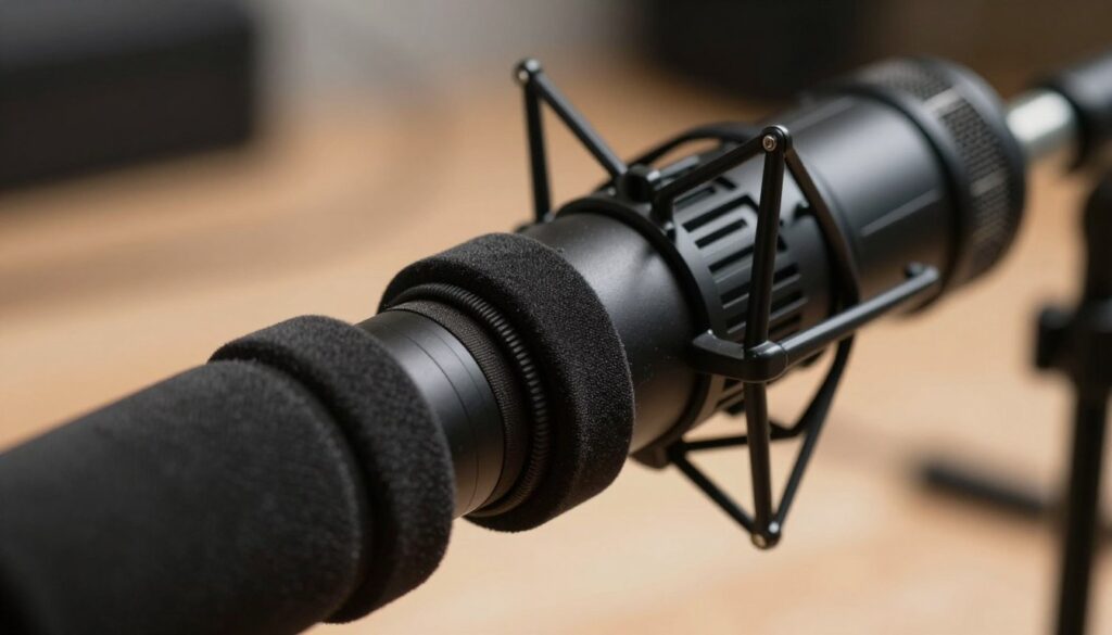 A close-up view of high-quality shock mount material designed for shotgun microphones, showcasing its intricate textures and durable design. In the foreground, focus on the elastic bands and cushioning layers, emphasizing their shock-absorbing capabilities. The middle ground should feature the overall structure of the shock mount, illustrating how it cradles the microphone securely. In the background, a softly blurred workspace with subtle studio lighting casts a professional ambiance, highlighting the importance of audio equipment. Use warm, soft light to create a welcoming atmosphere, allowing viewers to appreciate the craftsmanship and functionality of the shock mount material.