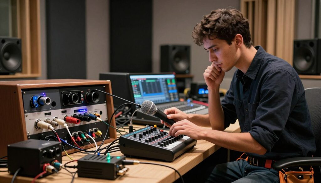 A detailed and focused illustration of phantom power troubleshooting in an audio setup. In the foreground, a professional technician, dressed in smart casual attire with a tool belt, is examining a shotgun microphone connected to a portable mixer, displaying a thoughtful expression. The middle layer features an array of audio equipment like cables, connectors, and power supplies, with the shotgun mic prominently shown receiving 48V phantom power. The background depicts a well-lit recording studio with soundproofing panels, mixing consoles, and LED lights creating a slightly dramatic mood. Soft lighting accentuates the technical aspects, while a shallow depth of field emphasizes the technician's focused actions, conveying an atmosphere of professionalism and problem-solving.