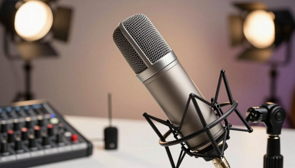 A detailed close-up of a directional precision microphone, showcasing its sleek design and directional pickup features. The foreground highlights the mic with intricate details, emphasizing its mesh grille and shock mount. In the middle, include a small audio mixer and a lavalier mic for comparison, both placed on a clean, professional workspace. The background features soft-focus studio lights to create a warm, professional atmosphere, giving a sense of an interview setup. Use natural lighting to enhance the metallic sheen of the mic, presenting it against a subtle gradient backdrop to draw focus. The angle should be slightly angled from above, contributing to a dynamic view of the microphone's features while ensuring a clean and polished appearance.