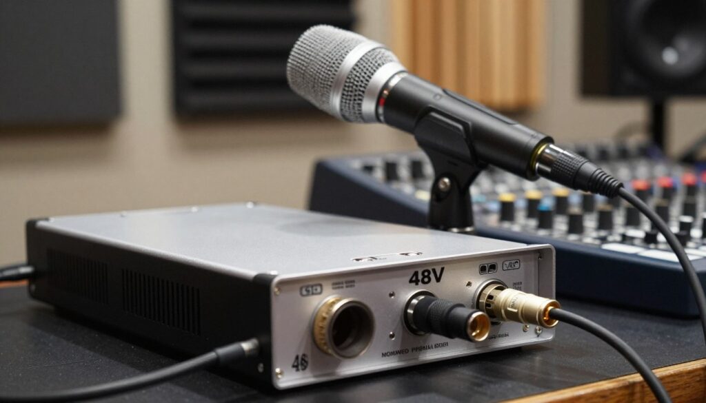 A detailed close-up of a professional audio equipment setup showcasing a 48V phantom power supply unit prominently in the foreground, with sleek silver and black design details. In the middle, a high-quality shotgun microphone is connected to an audio mixer, with clearly visible XLR cables. The background features a blurred studio environment with soundproofing panels and acoustic treatment, creating an atmosphere of professionalism and technical precision. Use soft, diffused lighting to highlight the reflective surfaces of the equipment, creating a sense of depth and clarity. Capture the angle as if the viewer is slightly above the setup, focusing on the intricate details of the connections and controls, emphasizing the importance of phantom power in audio applications. The overall mood should be focused and technical, illustrating the high standards of audio recording equipment.