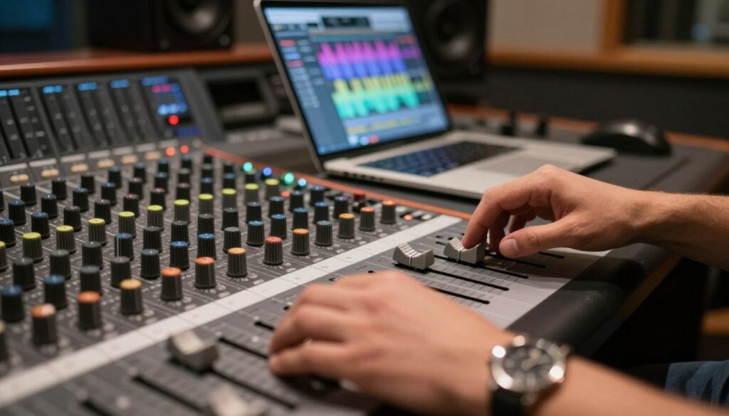 A detailed close-up of a professional audio mixing console featuring microphone settings, prominently displaying sliders and knobs labeled for gain, frequency, and EQ adjustments. The foreground showcases a couple of hands expertly manipulating the settings, one wearing a wristwatch, with focus on the dial movements. In the middle, consider a sleek laptop running audio software with colorful waveforms on the screen, suggesting real-time adjustments. The background should feature softly blurred studio equipment, hinting at a professional sound studio ambience. Warm, focused lighting creates an inviting atmosphere, highlighting the seriousness of audio production. The image conveys a sense of professionalism and technical precision, ideal for a well-informed audience seeking to enhance their audio quality.