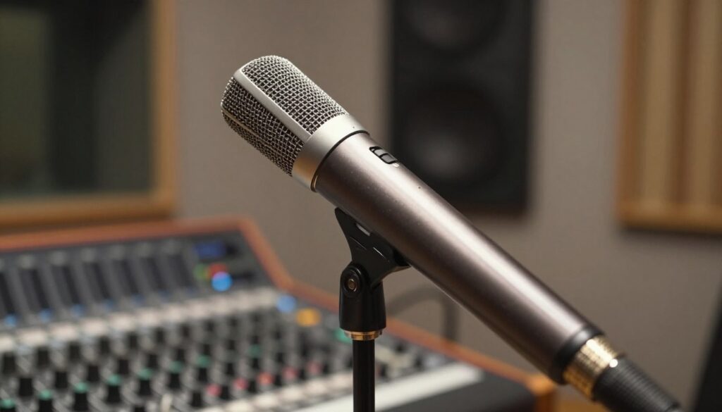 A detailed close-up of a shotgun microphone placed against a soft-focus backdrop of a recording studio. The microphone, sleek and elongated, showcases intricate details, such as its mesh head and interference tube. Soft, diffused lighting highlights the microphone's metallic finish, while subtle reflections cast an elegant glow. In the middle ground, a blurred audio mixer and cables suggest a professional environment. The background is adorned with sound-absorbing panels and soft lighting, creating an inviting and focused atmosphere. The scene conveys a sense of precision and professionalism, emphasizing the importance of technology in audio recording. The angle presents the microphone in a slightly tilted position to enhance its dimensionality without any distracting elements.