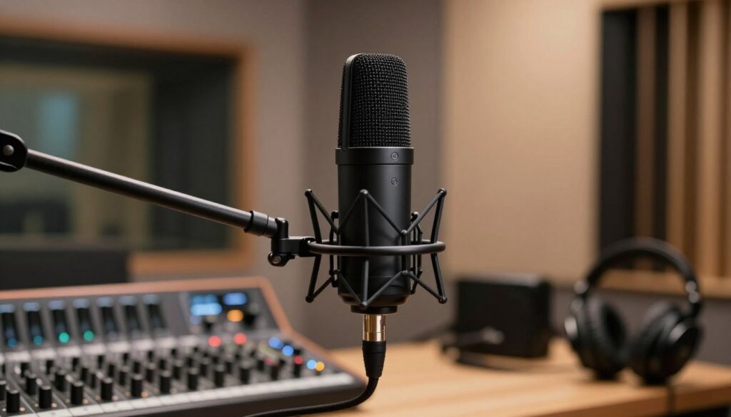 A detailed shot of a high-end shotgun microphone designed for professional production, prominently displayed in the foreground. The microphone features a sleek, matte black finish with intricate branding details, positioned on a sturdy boom pole. In the middle ground, various professional audio equipment like mixers and headphones add context to the scene. The background shows a softly blurred modern recording studio with soundproofed walls and professional lighting, creating an atmosphere of creativity and professionalism. Warm, ambient lighting highlights the microphone, accentuating its features and providing a polished, sophisticated look. The composition captures the essence of high-quality audio production while maintaining a clean, minimalist aesthetic. A detailed shot of a high-end shotgun microphone designed for professional production, prominently displayed in the foreground. The microphone features a sleek, matte black finish with intricate branding details, positioned on a sturdy boom pole. In the middle ground, various professional audio equipment like mixers and headphones add context to the scene. The background shows a softly blurred modern recording studio with soundproofed walls and professional lighting, creating an atmosphere of creativity and professionalism. Warm, ambient lighting highlights the microphone, accentuating its features and providing a polished, sophisticated look. The composition captures the essence of high-quality audio production while maintaining a clean, minimalist aesthetic.