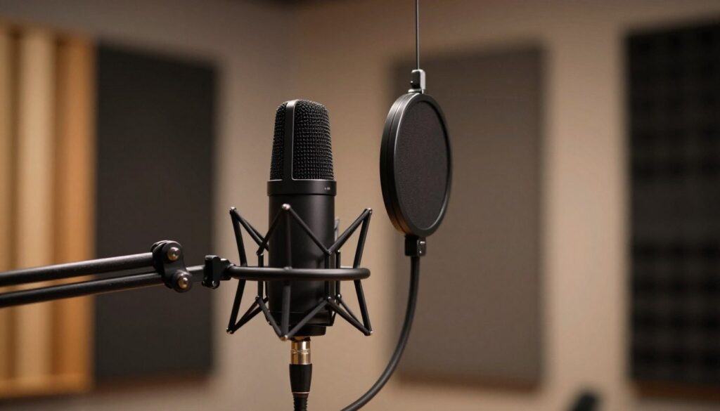 A detailed shot of a professional shotgun microphone shock mount, prominently displayed in the foreground. The shock mount is made of durable black metal with elastic suspension bands, showcasing its sturdy design. In the middle ground, a high-quality shotgun microphone is elegantly affixed to the shock mount, emphasizing its functionality. The background features a softly blurred recording studio environment, with acoustic panels and soft lighting that casts a warm, inviting glow. The image is captured from a slightly tilted angle, highlighting the intricacies of the shock mount and microphone. The overall mood is professional and sleek, conveying the importance of sound quality in audio recording.