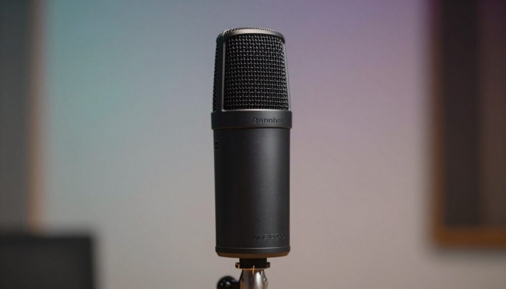 A high-quality Sennheiser MKE 600 shotgun microphone is the focal point of the image, positioned prominently in the foreground against a soft, blurred background that suggests a studio environment. The microphone boasts its sleek, matte black finish, capturing light in a way that highlights its detailed texture. Soft, diffused lighting enhances the professionalism of the scene, casting gentle shadows that add depth. A subtle gradient backdrop in muted tones suggests a harmonious acoustic space, ideal for sound recording. The microphone is angled slightly to showcase its directional pickup pattern, inviting viewers to appreciate its design intended for professional audio capture. The atmosphere is one of technical excellence and reliability, evoking a sense of trust in the gear’s capability to deliver professional results.