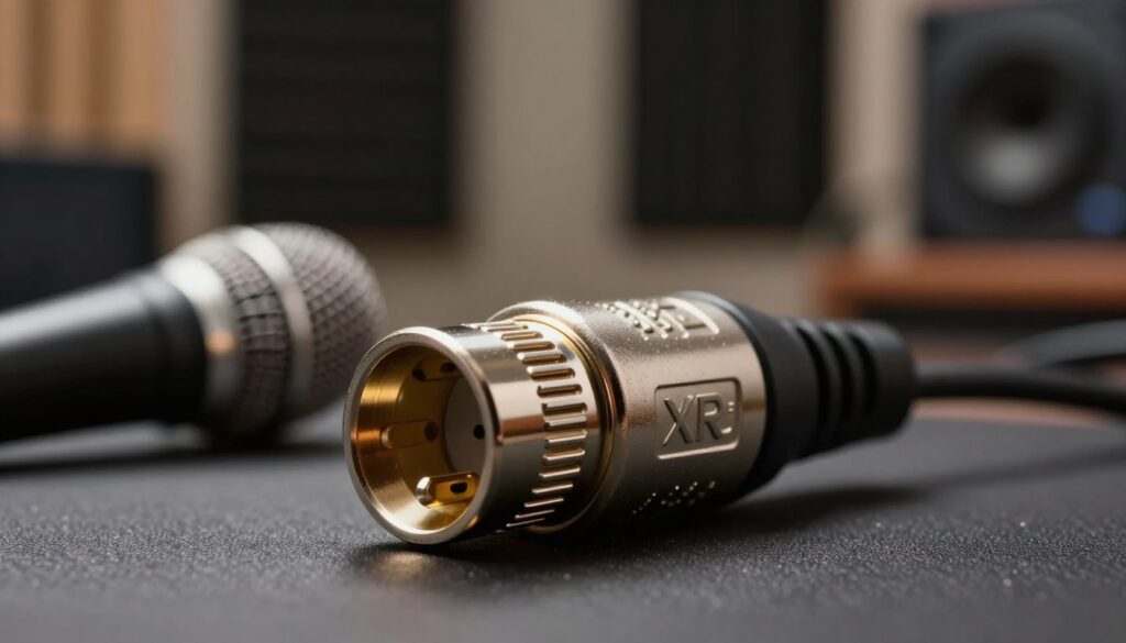 A highly detailed XLR connector positioned prominently in the foreground, showcasing its three-pin configuration and robust metallic finish. The connector is glistening under soft, diffused lighting that highlights its intricate design, casting subtle reflections. In the middle ground, blurred audio equipment such as microphones and cables create context, hinting at a professional audio setup. The background features a softly out-of-focus studio environment, with soundproof panels and ambient lighting that evoke a professional atmosphere. The overall mood is sleek and sophisticated, emphasizing the quality and reliability of XLR connections in audio production. The image is shot from a low angle, enhancing the prominence of the connector while maintaining a clean and professional aesthetic.