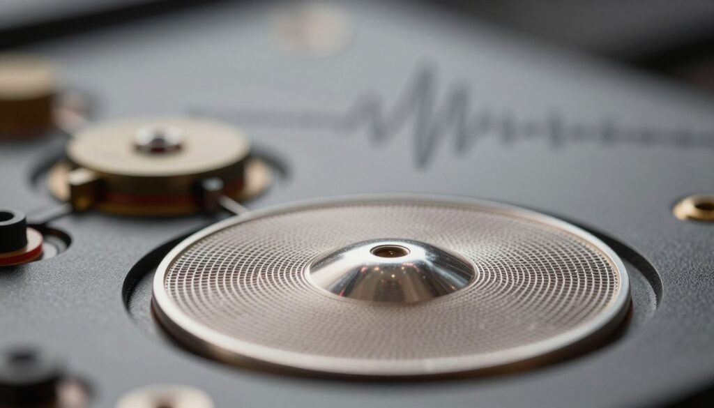 A highly detailed, close-up view of a microphone diaphragm surrounded by intricate microphone components, illustrating its design and function. In the foreground, the diaphragm, made of a fine material, is prominently displayed, showcasing the delicate mesh pattern and the reflective surface. In the middle ground, other microphone elements like the backplate and circuitry are slightly blurred, adding depth and context to the image. The background should be softly focused, featuring sound waves visually represented as subtle lines to emphasize sound pickup. Use soft, diffused lighting to create a professional and technical atmosphere, reminiscent of an audio engineering studio. Capture the scene with a macro lens angle for clarity and detail, evoking a sense of precision and innovation in microphone technology. A highly detailed, close-up view of a microphone diaphragm surrounded by intricate microphone components, illustrating its design and function. In the foreground, the diaphragm, made of a fine material, is prominently displayed, showcasing the delicate mesh pattern and the reflective surface. In the middle ground, other microphone elements like the backplate and circuitry are slightly blurred, adding depth and context to the image. The background should be softly focused, featuring sound waves visually represented as subtle lines to emphasize sound pickup. Use soft, diffused lighting to create a professional and technical atmosphere, reminiscent of an audio engineering studio. Capture the scene with a macro lens angle for clarity and detail, evoking a sense of precision and innovation in microphone technology.