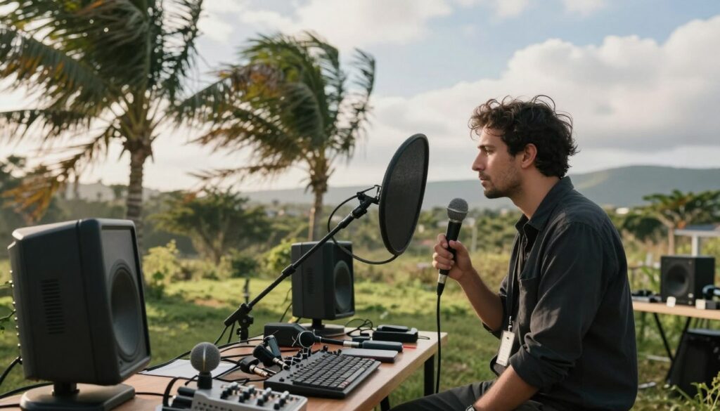 A professional audio engineer assessing a recording environment for wind protection. In the foreground, the engineer is dressed in smart casual attire, holding a handheld microphone and a wind shield, examining a lush outdoor setting. The middle ground features various recording equipment laid out, including microphones and accessories for wind noise reduction. The background showcases trees swaying gently in a light breeze, with distant hills under a partially cloudy sky, hinting at a windy atmosphere. The lighting is soft and natural, with warm sunlight filtering through the leaves, creating a serene yet focused mood. The scene is captured with a wide-angle lens from a slightly elevated angle, emphasizing the surround environment while keeping the focus on the engineer's assessment.