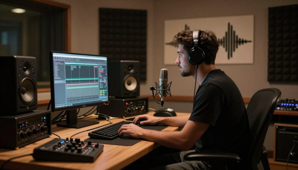 A professional audio engineer is seated at a well-organized recording studio desk, surrounded by high-end audio equipment. In the foreground, we see a shotgun microphone positioned at an angle, its sleek design silhouetted against warm studio lighting that creates a moody atmosphere. The middle ground features soundproofing panels along the walls, while various sound wave diagrams are subtly integrated into the background, symbolizing the concept of off-axis sound. The lighting is soft yet focused, casting gentle shadows that highlight the contours of the equipment. The overall mood conveys focus and professionalism, immersing viewers in a creative environment where managing off-axis coloration is key. A professional audio engineer is seated at a well-organized recording studio desk, surrounded by high-end audio equipment. In the foreground, we see a shotgun microphone positioned at an angle, its sleek design silhouetted against warm studio lighting that creates a moody atmosphere. The middle ground features soundproofing panels along the walls, while various sound wave diagrams are subtly integrated into the background, symbolizing the concept of off-axis sound. The lighting is soft yet focused, casting gentle shadows that highlight the contours of the equipment. The overall mood conveys focus and professionalism, immersing viewers in a creative environment where managing off-axis coloration is key.