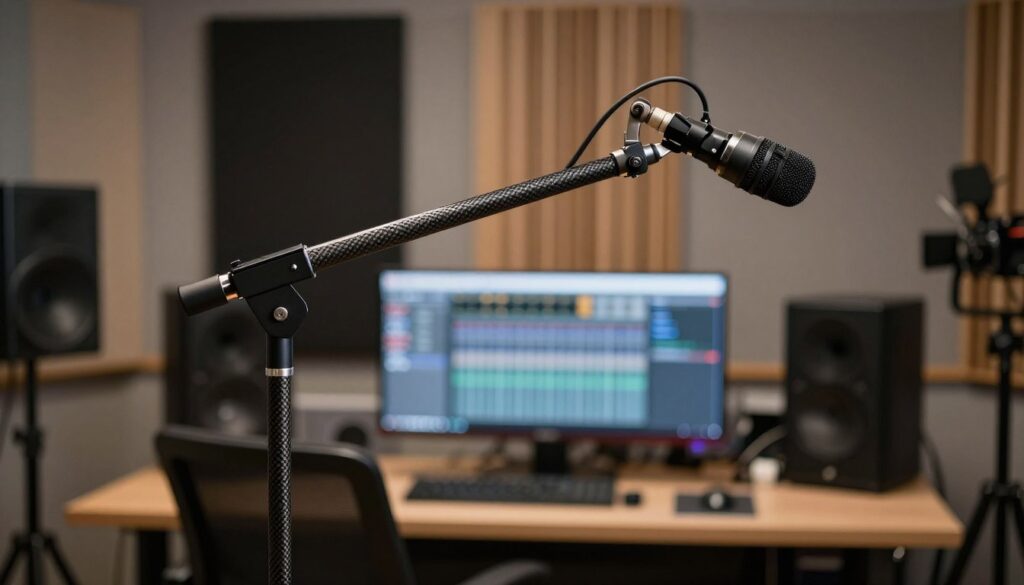 A professional boom pole microphone stands tall in the foreground, its sleek carbon fiber construction glistening under soft, diffused lighting. The microphone capsule is positioned prominently at the end of the pole, ready to capture audio with precision. In the middle ground, a softly blurred audio recording setup is visible, including a digital audio workstation on a desk, showcasing an organized and professional environment. The background includes soundproofing panels and a subtle hint of film equipment, creating a studio atmosphere focused on high-quality audio production. The image conveys a sense of professionalism and creativity, emphasizing the importance of sound in media production. Shot with a shallow depth of field at an eye level angle, the mood is inspiring and focused, perfect for illustrating technical discussions. A professional boom pole microphone stands tall in the foreground, its sleek carbon fiber construction glistening under soft, diffused lighting. The microphone capsule is positioned prominently at the end of the pole, ready to capture audio with precision. In the middle ground, a softly blurred audio recording setup is visible, including a digital audio workstation on a desk, showcasing an organized and professional environment. The background includes soundproofing panels and a subtle hint of film equipment, creating a studio atmosphere focused on high-quality audio production. The image conveys a sense of professionalism and creativity, emphasizing the importance of sound in media production. Shot with a shallow depth of field at an eye level angle, the mood is inspiring and focused, perfect for illustrating technical discussions.