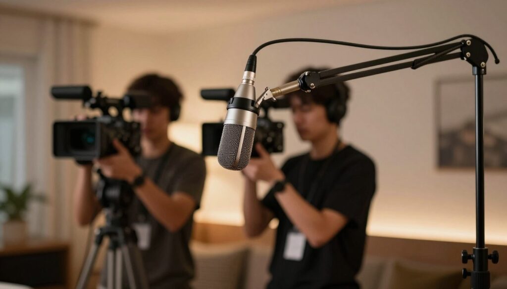 A professional on-camera boom microphone prominently displayed in the foreground, showcasing its sleek design and adjustable boom arm extended towards the top right corner. The microphone itself glistens under soft, warm lighting that enhances its metallic finish. In the middle ground, a videographer in professional attire operates a camera, focusing on a subject with attention to detail, representing the use of modern audio solutions. The background features a cozy indoor filming environment, softly illuminated to create an inviting atmosphere, with studio equipment subtly visible but not distracting. The overall mood conveys professionalism and innovation in audio recording techniques, emphasizing clarity and focus on the booming audio technology. A professional on-camera boom microphone prominently displayed in the foreground, showcasing its sleek design and adjustable boom arm extended towards the top right corner. The microphone itself glistens under soft, warm lighting that enhances its metallic finish. In the middle ground, a videographer in professional attire operates a camera, focusing on a subject with attention to detail, representing the use of modern audio solutions. The background features a cozy indoor filming environment, softly illuminated to create an inviting atmosphere, with studio equipment subtly visible but not distracting. The overall mood conveys professionalism and innovation in audio recording techniques, emphasizing clarity and focus on the booming audio technology.