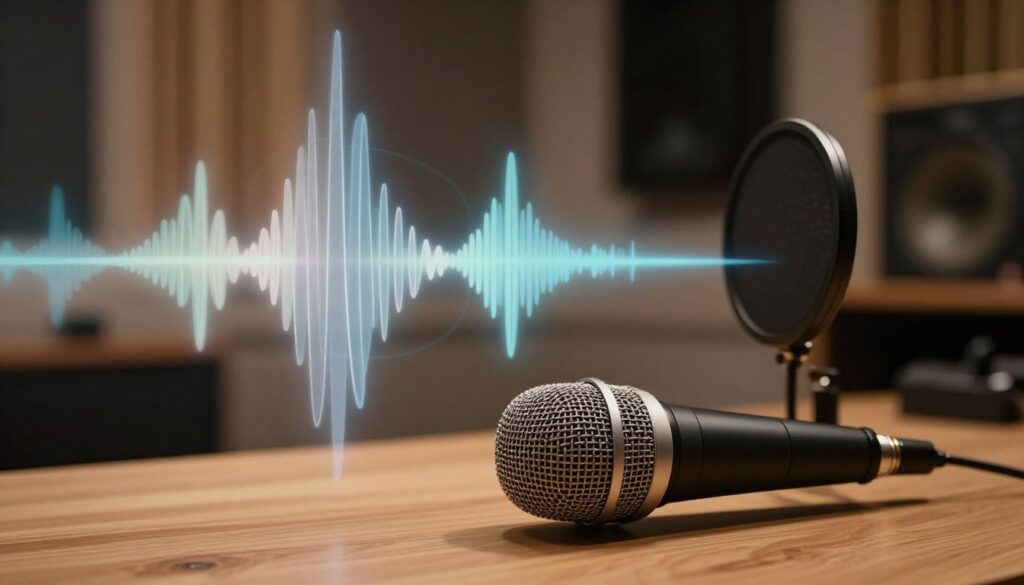 A serene, quiet recording environment featuring a shotgun microphone delicately placed on a wooden table, capturing the essence of sound waves. In the foreground, a close-up view of the microphone highlights its intricate design, showcasing the mesh and diaphragm. The middle section reveals softly glowing sound waves emanating from the mic, vibrating gently to illustrate self-noise, with subtle frequencies visualized as soft, ethereal lines in pastel colors. The background features a blurred, cozy studio setup with acoustically treated walls, warm lighting casting a gentle glow, creating an intimate atmosphere. The scene is devoid of human presence but evokes a sense of professionalism and calm, emphasizing the importance of self-noise in achieving high-quality audio recordings.
