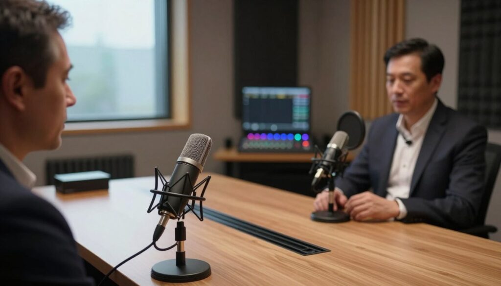 A serene sound studio environment, capturing the essence of audio quality assessment. In the foreground, a high-quality shotgun microphone is prominently displayed, angled towards an interviewer seated at a sleek wooden table. The interviewer, dressed in professional business attire, is listening intently. In the middle ground, a lavalier microphone is clipped to the first speaker's collar, showcasing alternatives for capturing sound. The background features soundproofed walls with acoustic panels, a large window letting in soft, natural light, and a sound mixer with colorful lights. The atmosphere is calm and focused, suggesting a serious evaluation of audio quality and environmental factors. A cinematic angle captures the detail of both microphones, emphasizing the contrast between them.