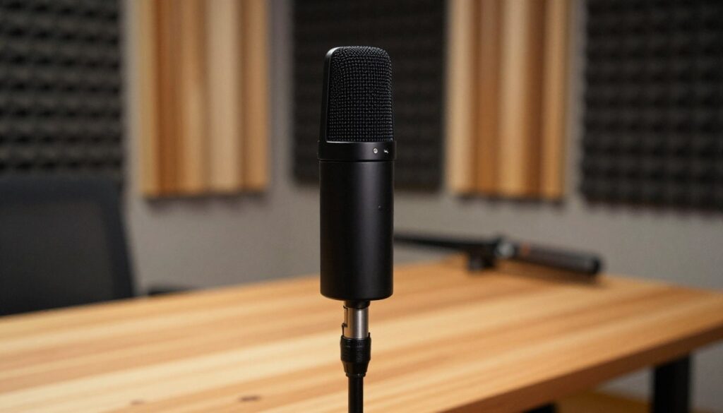 A sleek shotgun microphone stands prominently in the foreground, featuring a robust black body with fine mesh shielding, showcasing its high-quality design. The microphone is angled slightly upward, emphasizing its directional capabilities. In the middle ground, a wooden recording table reflects a soft, natural light that complements the microphone's matte finish. Behind this setup, blurred soundproofing foam panels create a professional studio atmosphere, with warm lighting casting gentle shadows that add depth. The overall mood conveys a sense of professionalism and quality, suitable for aspiring audio professionals. The camera angle captures the microphone's details closely, highlighting its features, while maintaining a clean focus without distractions or text.