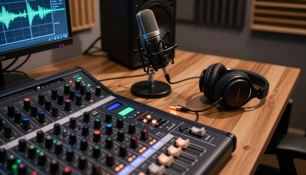 A top-down view of a modern audio workspace, featuring essential tools for managing signal levels. In the foreground, a high-quality audio mixer with clearly labeled gain knobs and LED level indicators, alongside a digital audio interface displaying vibrant waveforms. The middle ground showcases an on-camera microphone with foam windscreen, a USB cable, and a pair of professional headphones resting on a wooden desk. In the background, soundproof panels and ambient studio lighting create a focused yet inviting atmosphere. The soft glow from the mixer’s LED lights reflects off the desk, enhancing the mood of creative collaboration. The angle captures the intricate details of each tool, making the image both informative and visually appealing, without any text or distractions. A top-down view of a modern audio workspace, featuring essential tools for managing signal levels. In the foreground, a high-quality audio mixer with clearly labeled gain knobs and LED level indicators, alongside a digital audio interface displaying vibrant waveforms. The middle ground showcases an on-camera microphone with foam windscreen, a USB cable, and a pair of professional headphones resting on a wooden desk. In the background, soundproof panels and ambient studio lighting create a focused yet inviting atmosphere. The soft glow from the mixer’s LED lights reflects off the desk, enhancing the mood of creative collaboration. The angle captures the intricate details of each tool, making the image both informative and visually appealing, without any text or distractions.