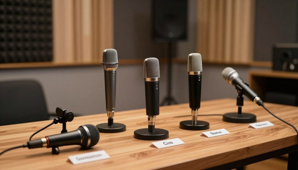 A well-lit indoor setting showcasing a selection of microphones on a stylish wooden table. In the foreground, a variety of microphones, including a shotgun mic, a condenser mic, and a dynamic mic, are arranged aesthetically with labels for each type. The middle ground features a soft-focus backdrop of a cozy studio setting, complete with soundproofing panels and warm ambient lighting that creates a professional atmosphere. The lighting is soft, emphasizing the textures of the microphones and the table surface. Angled from slightly above, the composition captures the essence of a serious yet inviting space for audio professionals. The mood is focused and informative, perfect for illustrating the careful selection of microphones suited for indoor recording environments.