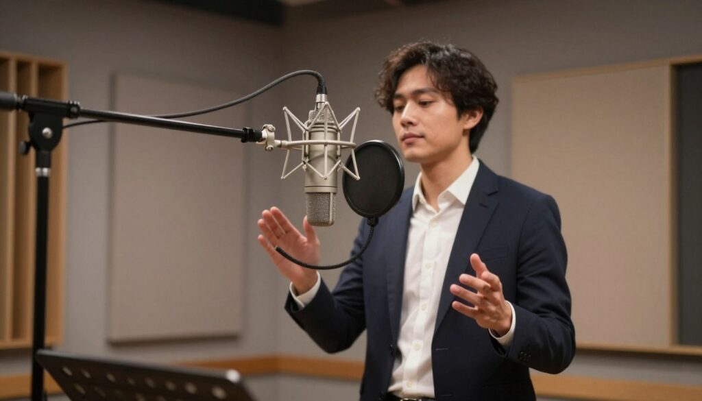 A well-lit studio setting showcasing proper microphone positioning techniques. In the foreground, a professional-looking shotgun microphone is mounted on a boom arm, aimed correctly towards a sound source, such as a singer or speaker standing a few feet away. In the middle ground, the person is dressed in smart business casual attire, demonstrating ideal microphone placement while avoiding any background noise. The background features sound-absorbing panels for enhanced acoustics, with soft lighting casting a natural glow, adding depth to the scene. The atmosphere is focused and technical, emphasizing clarity and precision in audio recording. The composition should be shot from a slight low angle, highlighting the microphone's position relative to the subject, creating an engaging and informative visual.